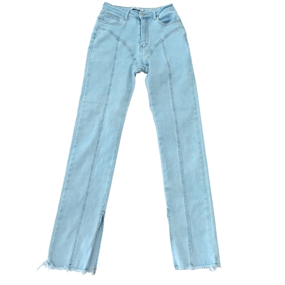 Egreis Rare Slimming Jeans Light Blue Denim Panel High Waist Ankle Slit W25 L32 - Picture 1 of 10